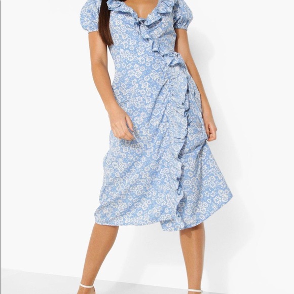 Boohoo Tall Floral Ruffle Wrap Puff Midi Dress - Picture 1 of 8